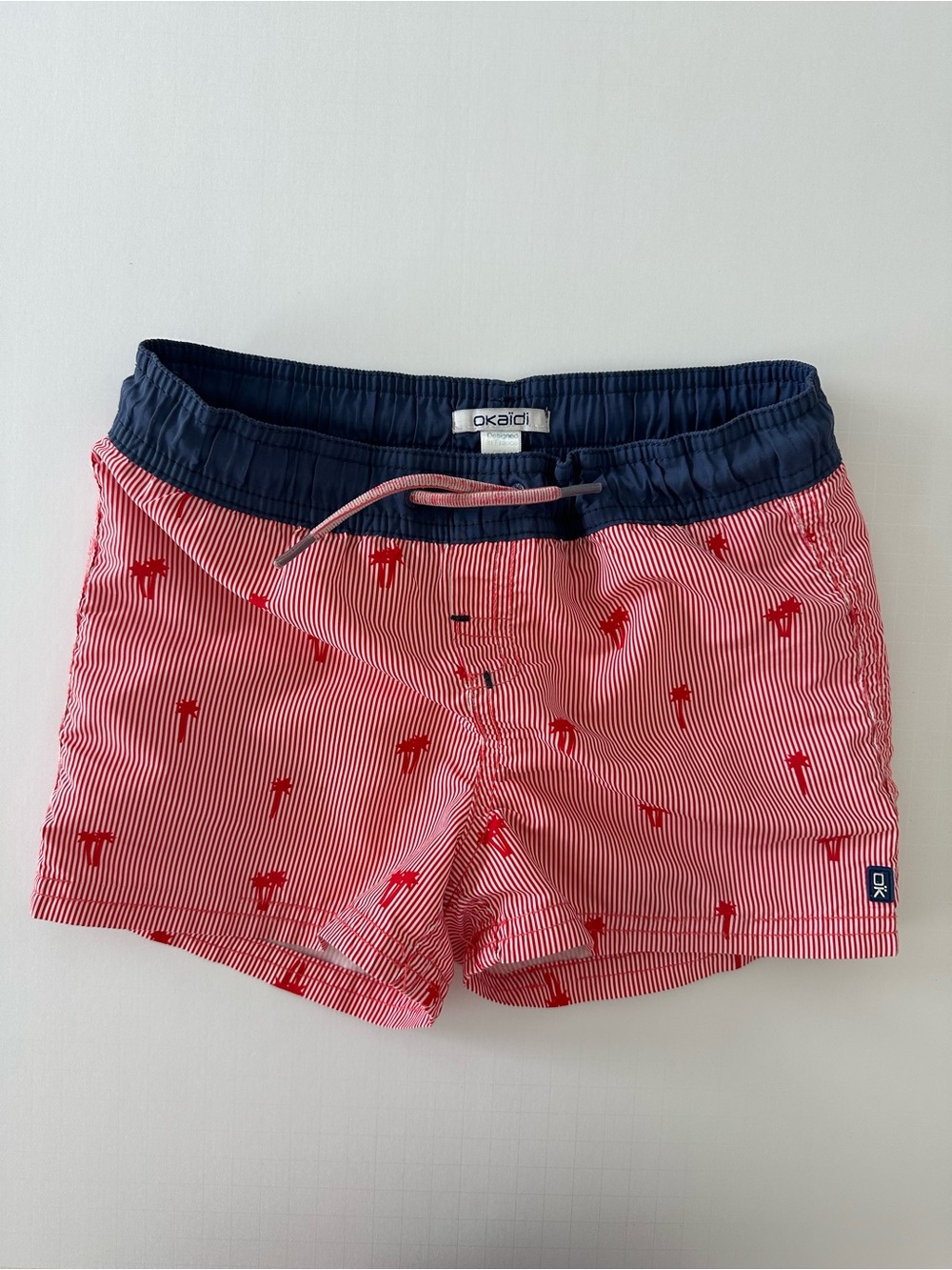 OKAIDI Boys Red White Striped Swim Trunks Size 6 Elastic Waistband Summer Beach